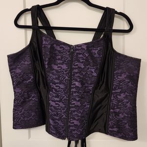 Dark purple floral lace zip corset top